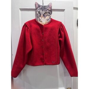 Vintage Geiger Red Boiled Wool Jacket Cropped Austrian Cardigan Puff Sleeve
